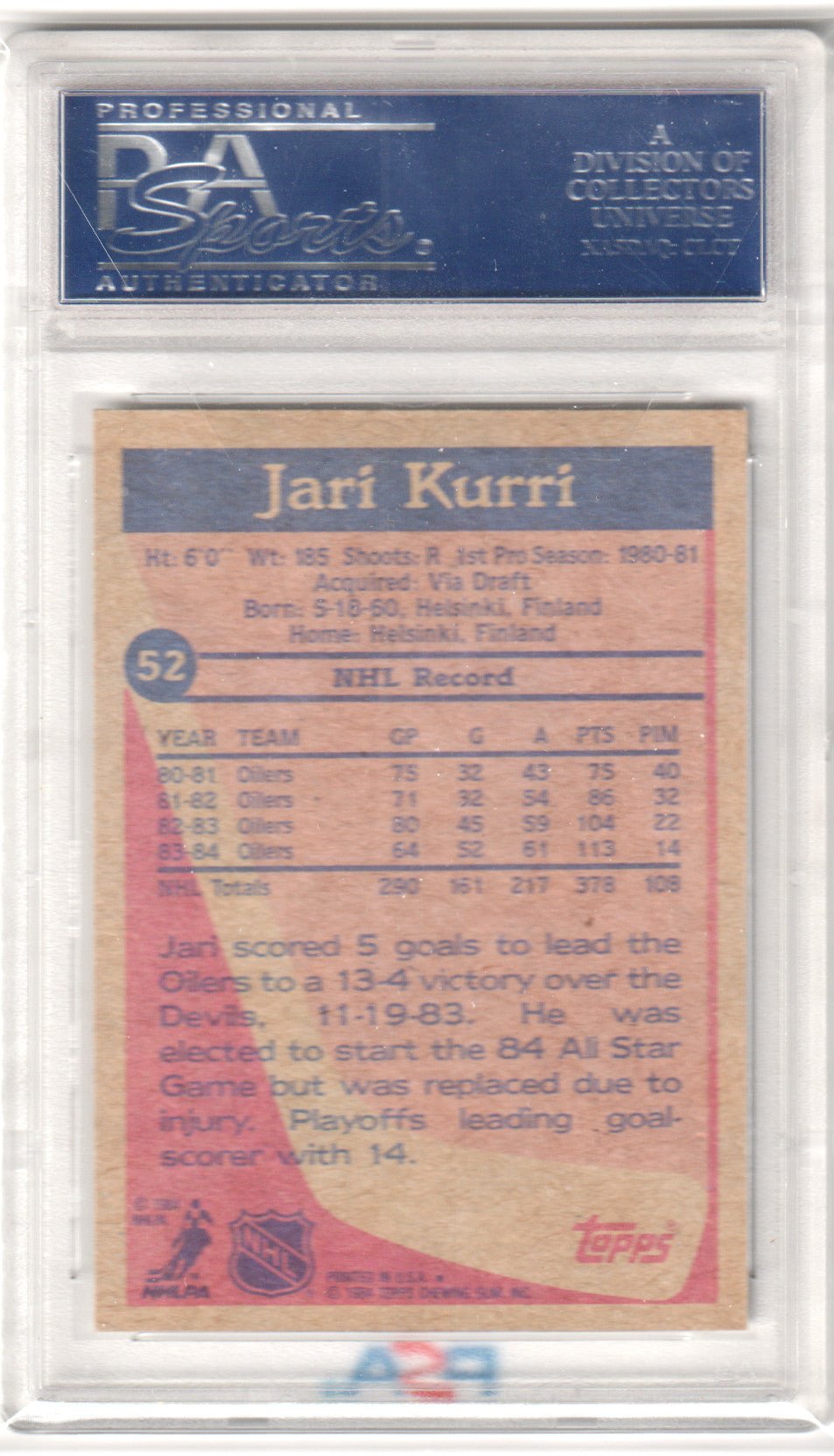 JARI KURRI 1984 - 85 Topps #52 PSA 9 MINT - OILERS - Columbia Hobby - Sports Card Boxes - Toploaders - Card Savers