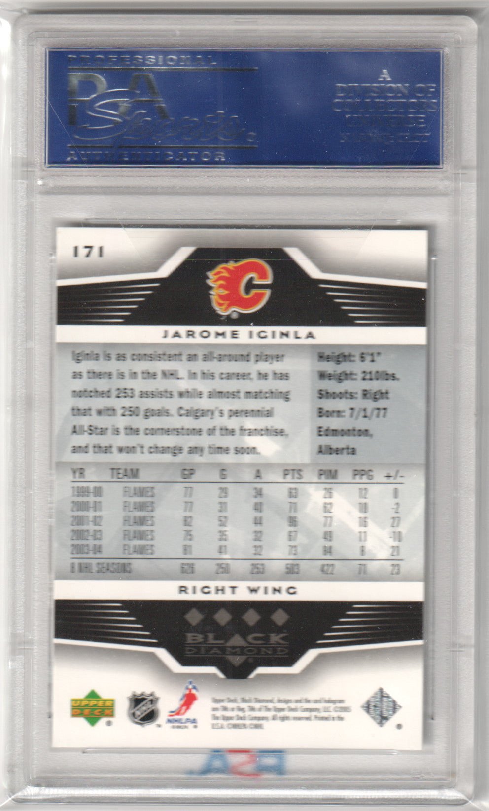 JAROME IGINLA 2005 Upper Deck Black Diamond 171 Quadruple PSA 10 GEM MINT Pop 1 - Columbia Hobby - Sports Card Boxes - Toploaders - Card Savers