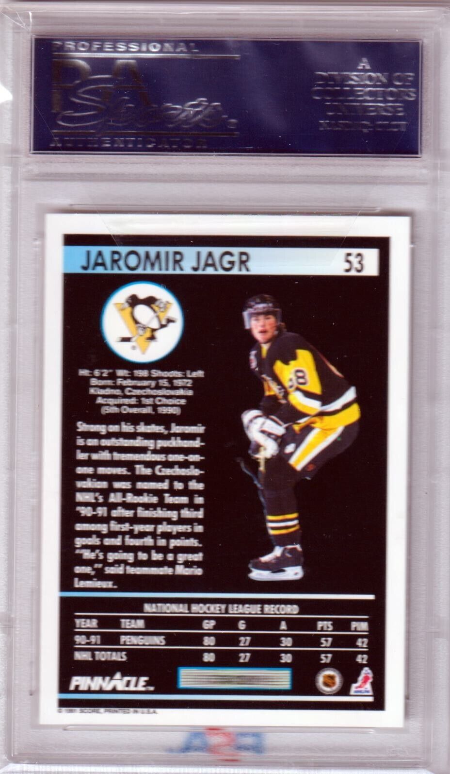 JAROMIR JAGR 1991 Pinnacle #53 PSA 10 GEM MINT - PENGUINS - Columbia Hobby - Sports Card Boxes - Toploaders - Card Savers