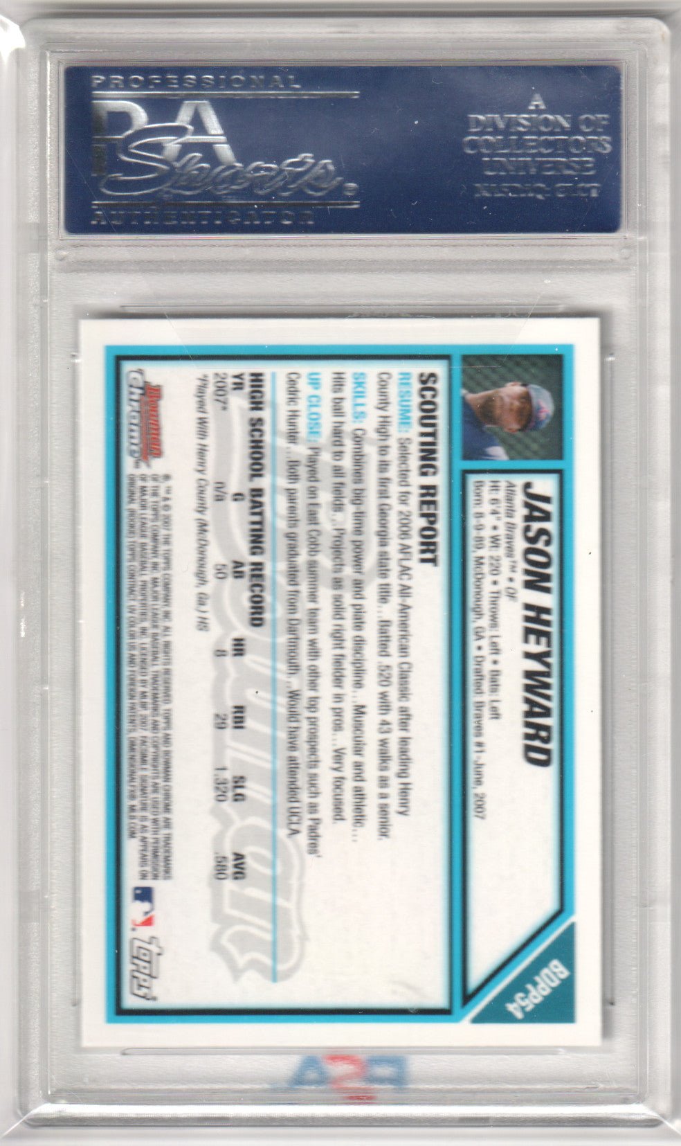 JASON HEYWARD 2007 Bowman Chrome Draft Picks RC Rookie BDPP54 PSA 10 GEM MINT - Columbia Hobby - Sports Card Boxes - Toploaders - Card Savers
