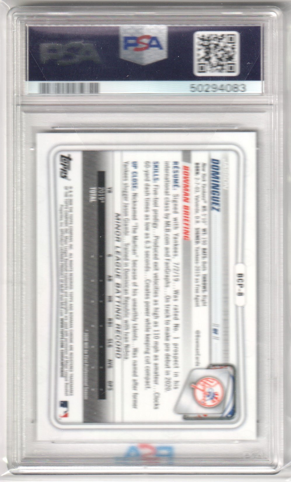 JASSON DOMINGUEZ 2020 Bowman Chrome Prospects 1st Card BCP8 PSA 10 GEM MINT - Columbia Hobby - Sports Card Boxes - Toploaders - Card Savers