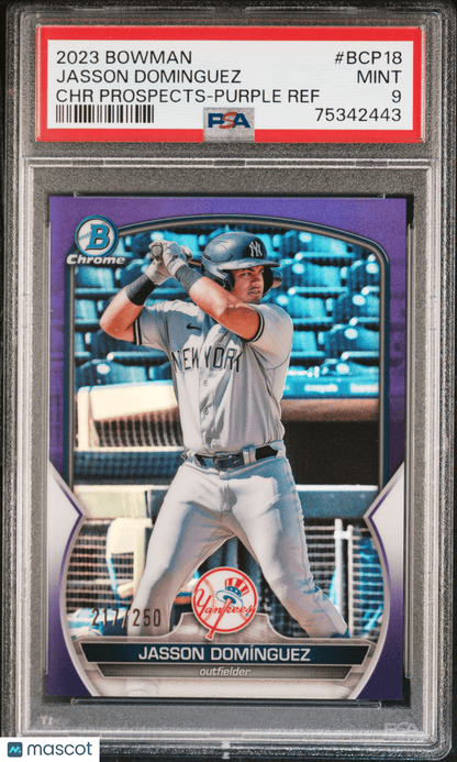 JASSON DOMINGUEZ 2023 Bowman Chrome Prospects Purple /250 PSA 9 MINT - Columbia Hobby - Sports Card Boxes - Toploaders - Card Savers