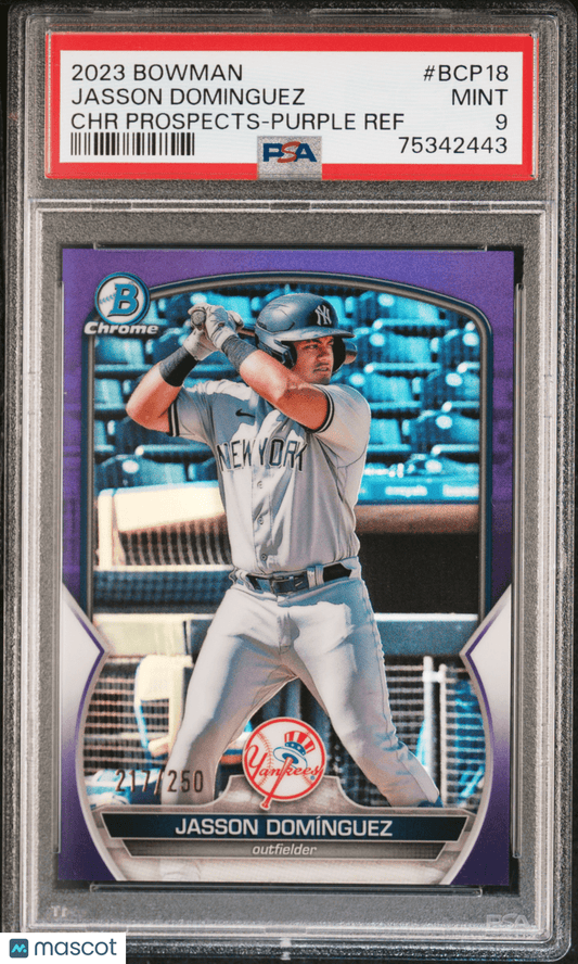 JASSON DOMINGUEZ 2023 Bowman Chrome Prospects Purple /250 PSA 9 MINT - Columbia Hobby - Sports Card Boxes - Toploaders - Card Savers