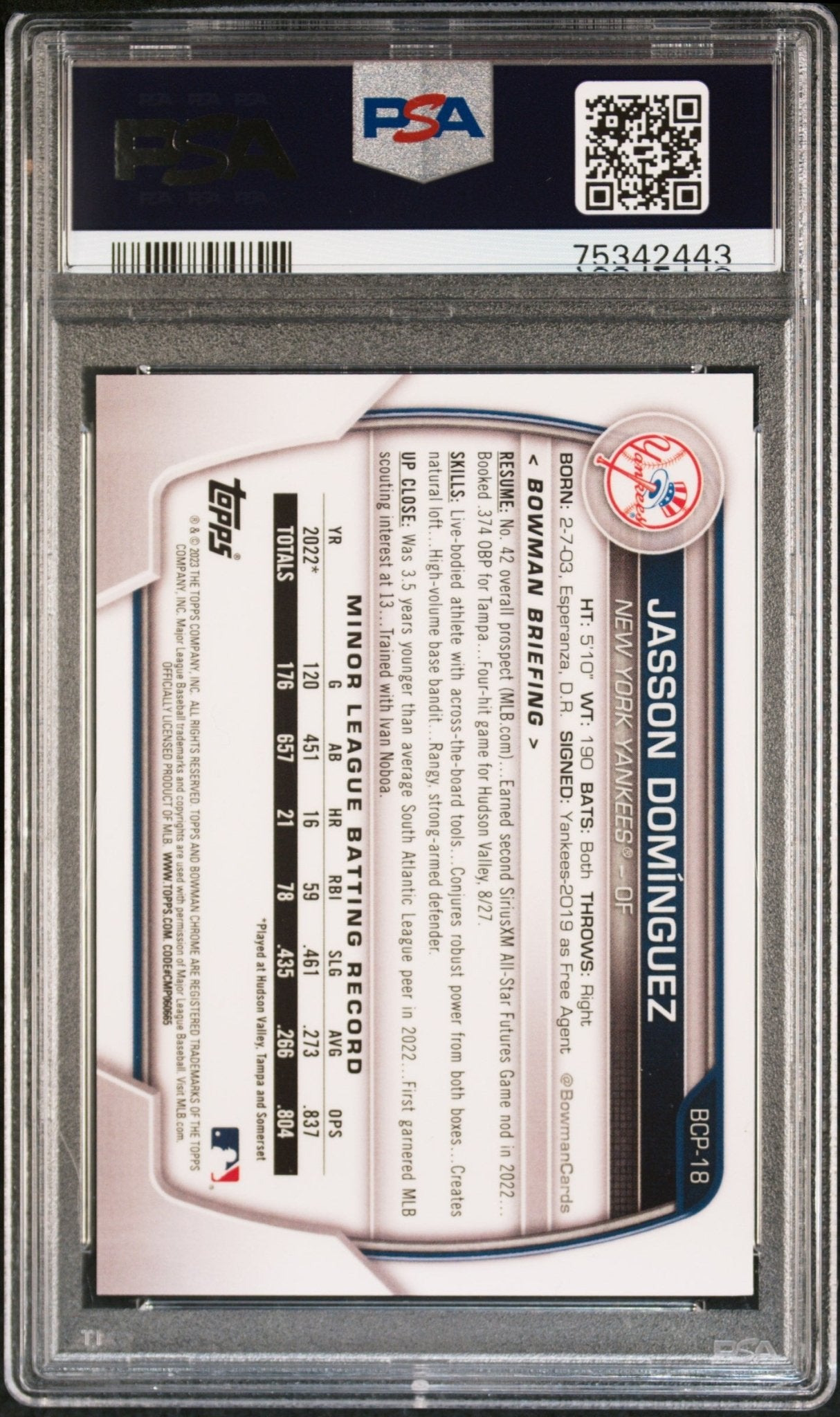 JASSON DOMINGUEZ 2023 Bowman Chrome Prospects Purple /250 PSA 9 MINT - Columbia Hobby - Sports Card Boxes - Toploaders - Card Savers