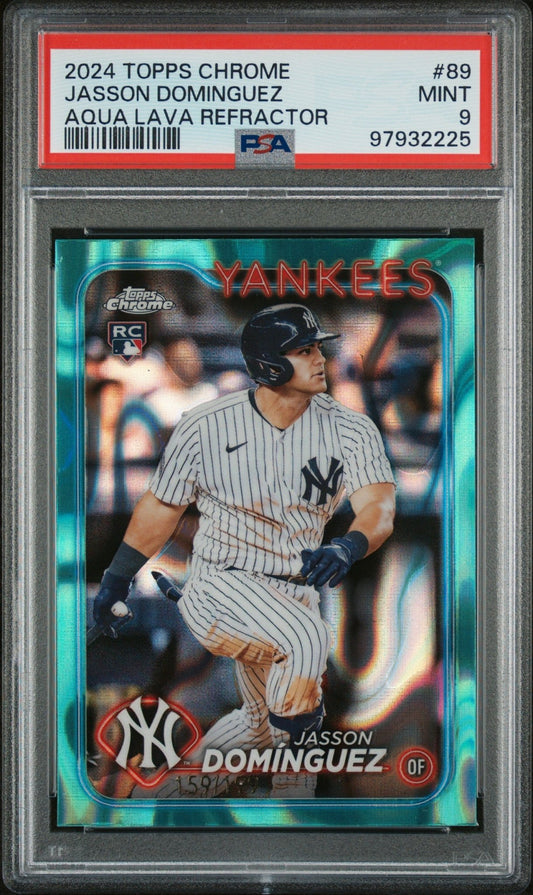 JASSON DOMINGUEZ 2024 Topps Chrome RC Rookie Aqua Lava Refractor #/199 PSA 9 - Columbia Hobby - Sports Card Boxes - Toploaders - Card Savers