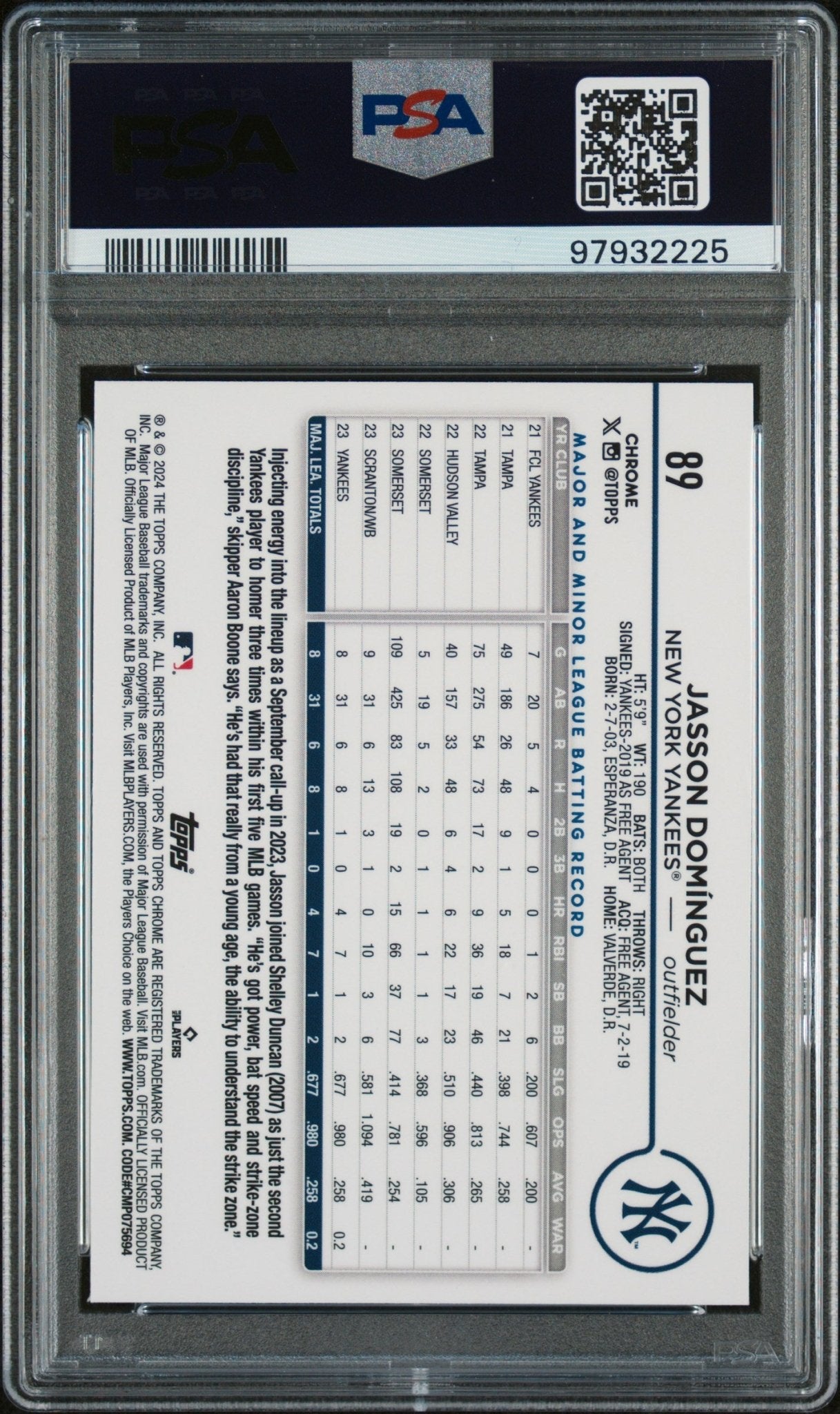 JASSON DOMINGUEZ 2024 Topps Chrome RC Rookie Aqua Lava Refractor #/199 PSA 9 - Columbia Hobby - Sports Card Boxes - Toploaders - Card Savers