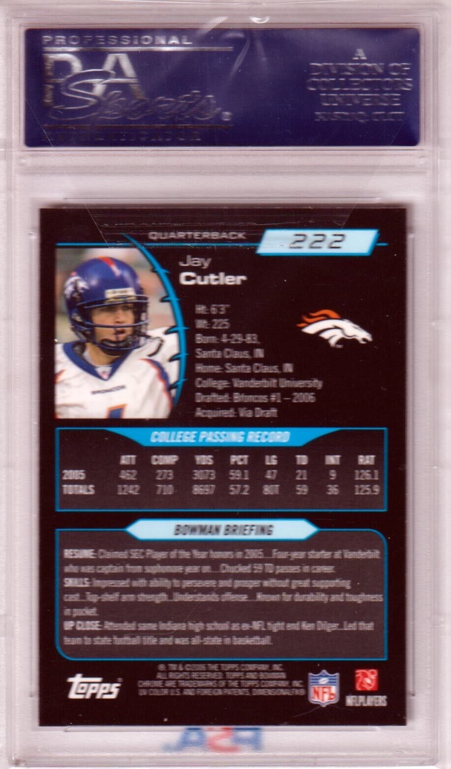 JAY CUTLER 2006 Bowman Chrome RC Rookie #222 PSA 10 GEM MINT - BRONCOS - Columbia Hobby - Sports Card Boxes - Toploaders - Card Savers