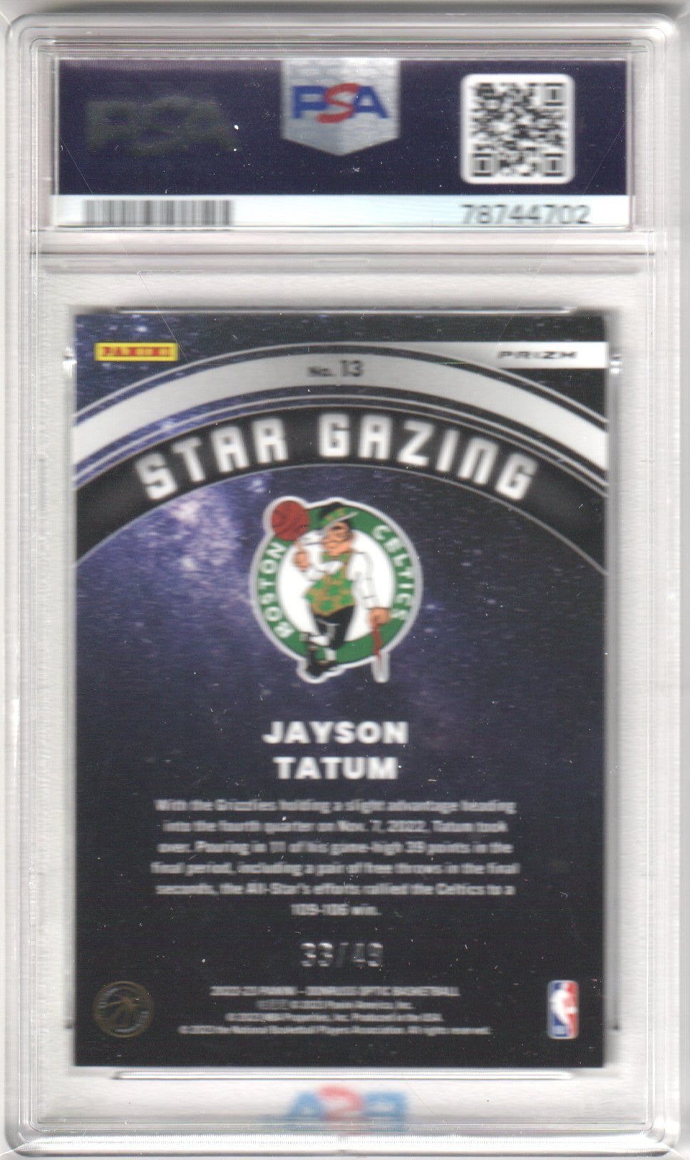 JAYSON TATUM 2022 - 34 Panini Donruss Optic Star Gazing #13 Blue PSA 8 NM - MT - Columbia Hobby - Sports Card Boxes - Toploaders - Card Savers