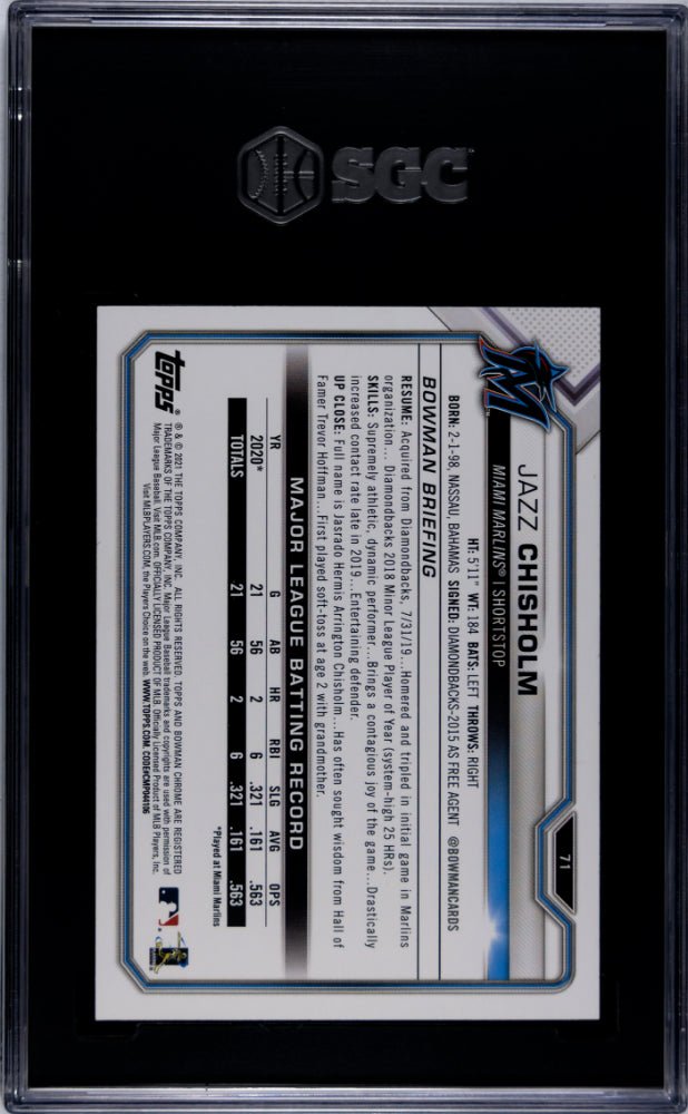 JAZZ CHISHOLM JR. 2021 Bowman RC Rookie Neon Green /399 SGC 9.5 MT+ - YANKEES - Columbia Hobby - Sports Card Boxes - Toploaders - Card Savers
