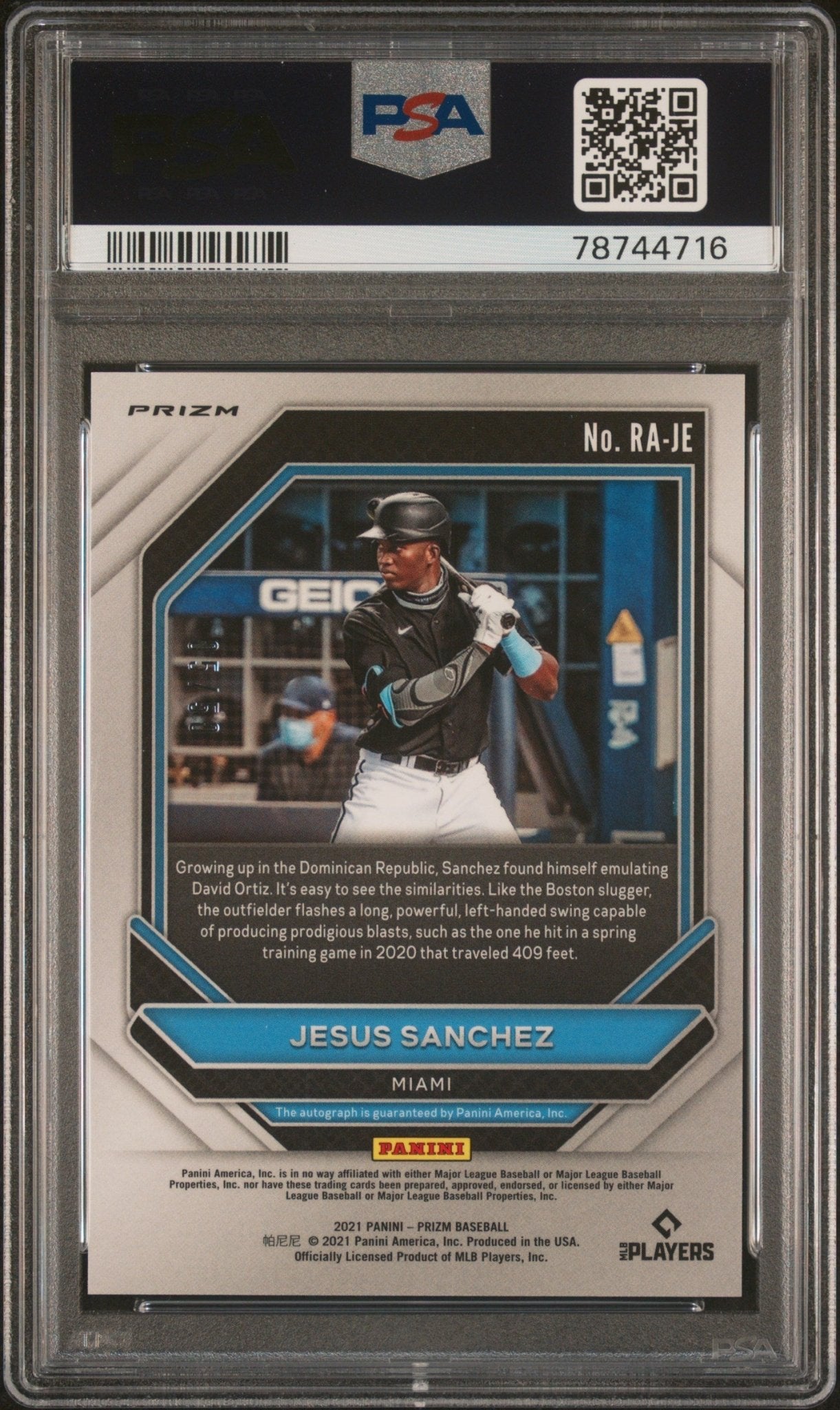 JESUS SANCHEZ 2021 Panini Prizm Rookie Autograph Auto Purple PSA 9 MINT Pop 1 - Columbia Hobby - Sports Card Boxes - Toploaders - Card Savers