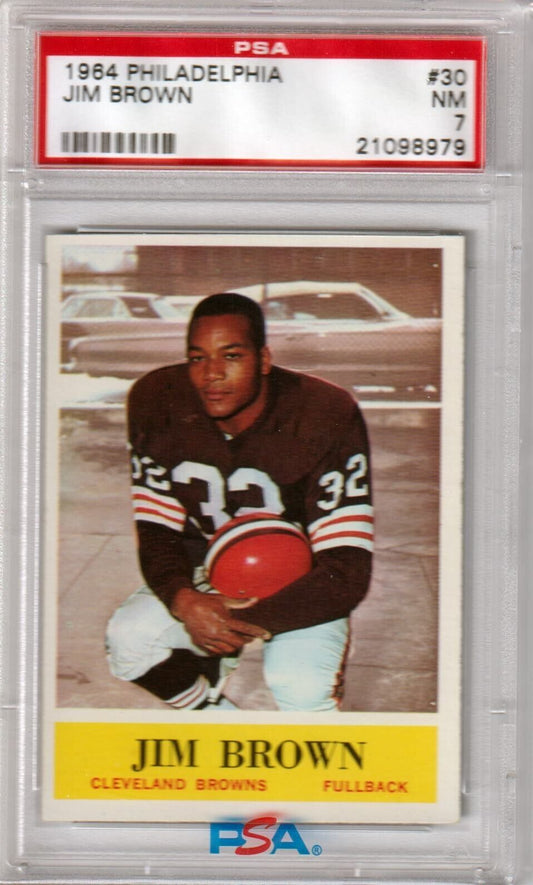JIM BROWN 1964 Philadelphia HOF #30 PSA 7 NM - BROWNS - Columbia Hobby - Sports Card Boxes - Toploaders - Card Savers