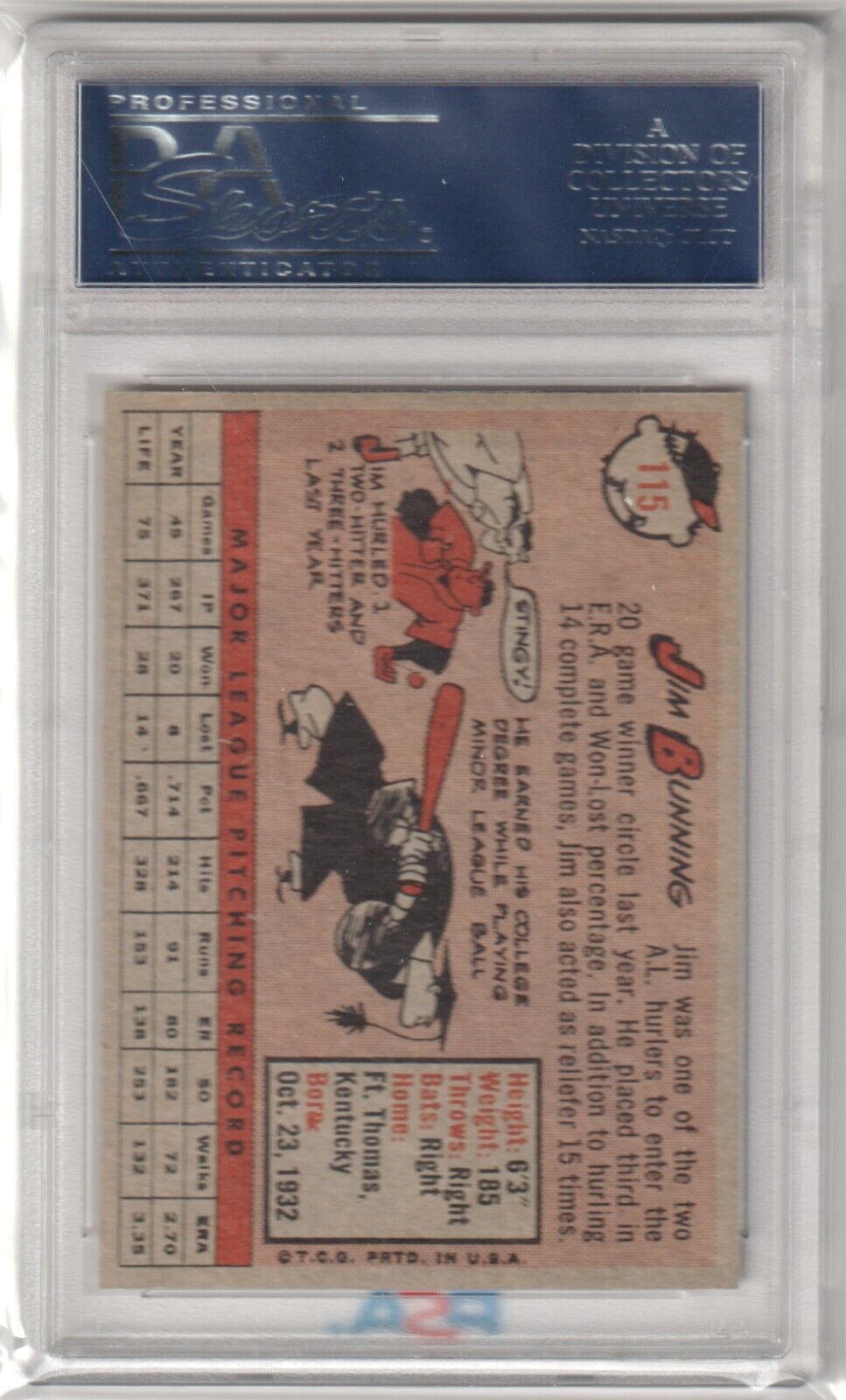 JIM BUNNING 1958 Topps #115 PSA 7 NM - TIGERS - Columbia Hobby - Sports Card Boxes - Toploaders - Card Savers