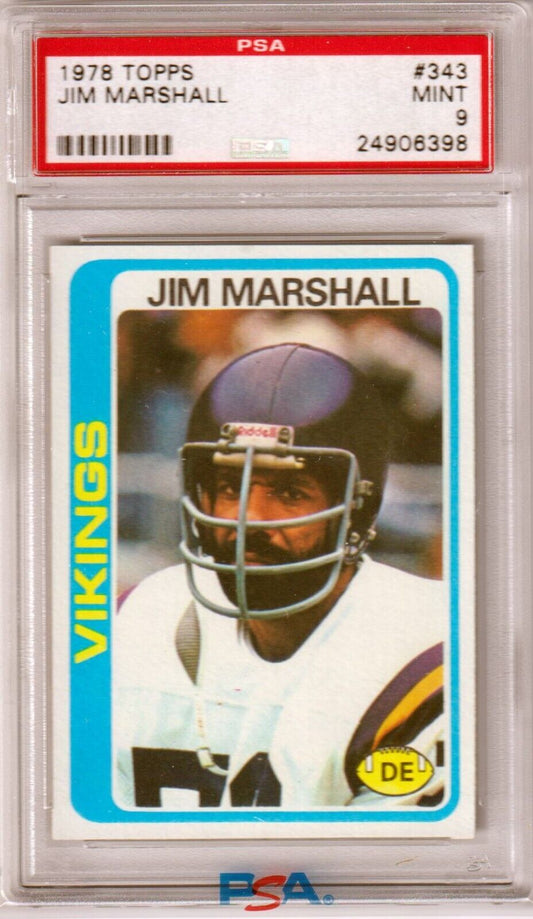 JIM MARSHALL 1978 Topps #343 PSA 9 MINT - VIKINGS - Columbia Hobby - Sports Card Boxes - Toploaders - Card Savers
