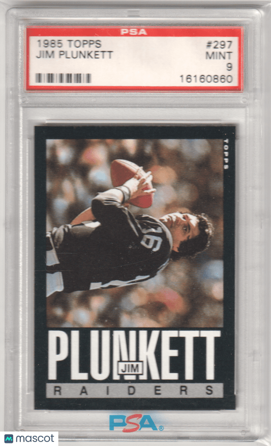JIM PLUNKETT 1985 Topps 297 PSA 9 MINT - RAIDERS - Columbia Hobby - Sports Card Boxes - Toploaders - Card Savers