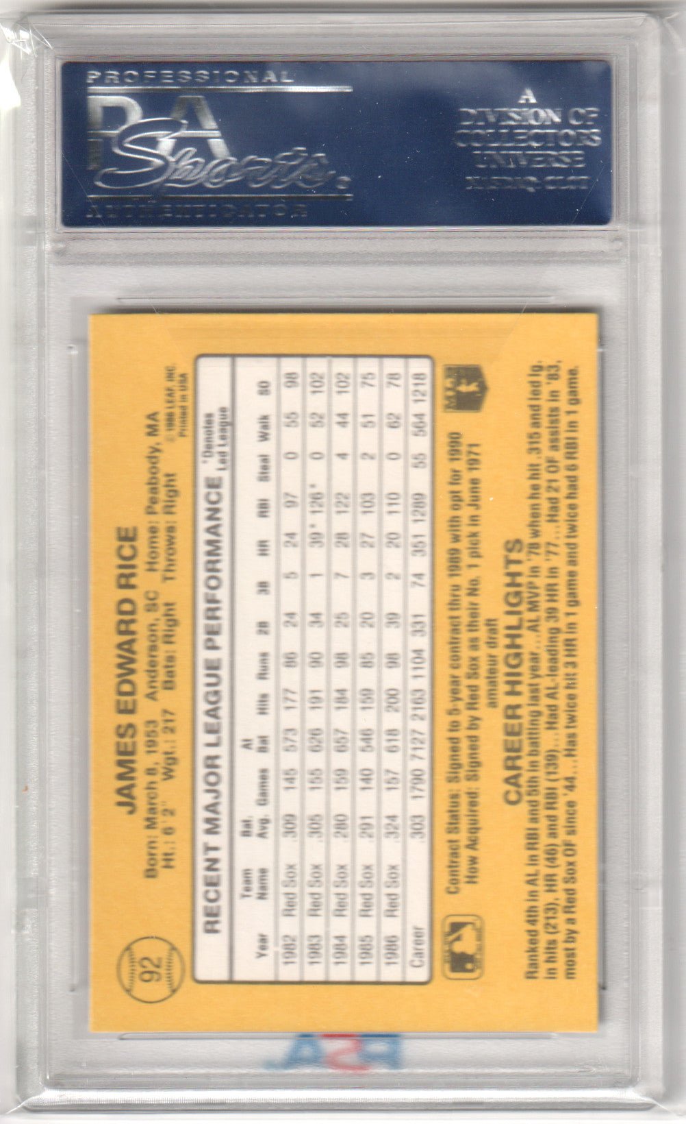 JIM RICE 1987 Donruss 92 PSA 10 GEM MINT - RED SOX - Columbia Hobby - Sports Card Boxes - Toploaders - Card Savers