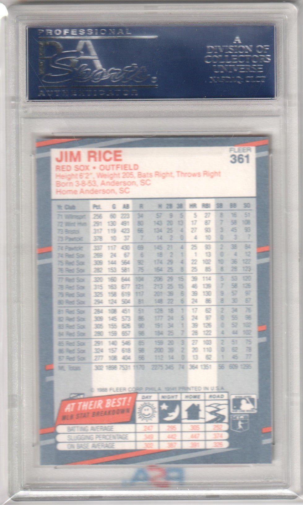 JIM RICE 1988 Fleer Glossy 361 PSA 10 GEM MINT - RED SOX - Columbia Hobby - Sports Card Boxes - Toploaders - Card Savers