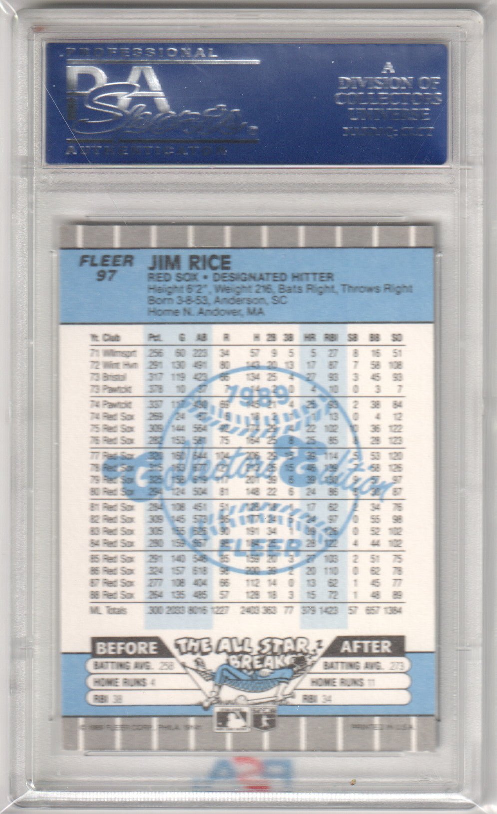 JIM RICE 1989 Fleer Glossy 97 PSA 10 GEM MINT - RED SOX Pop 13 - Columbia Hobby - Sports Card Boxes - Toploaders - Card Savers