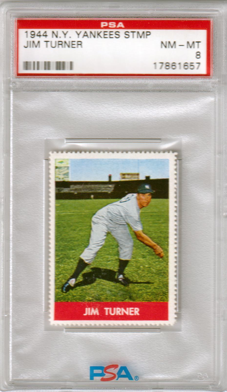 JIM TURNER 1944 N.Y. Yankees Stamps PSA 8 NM - MT - YANKEES - Columbia Hobby - Sports Card Boxes - Toploaders - Card Savers