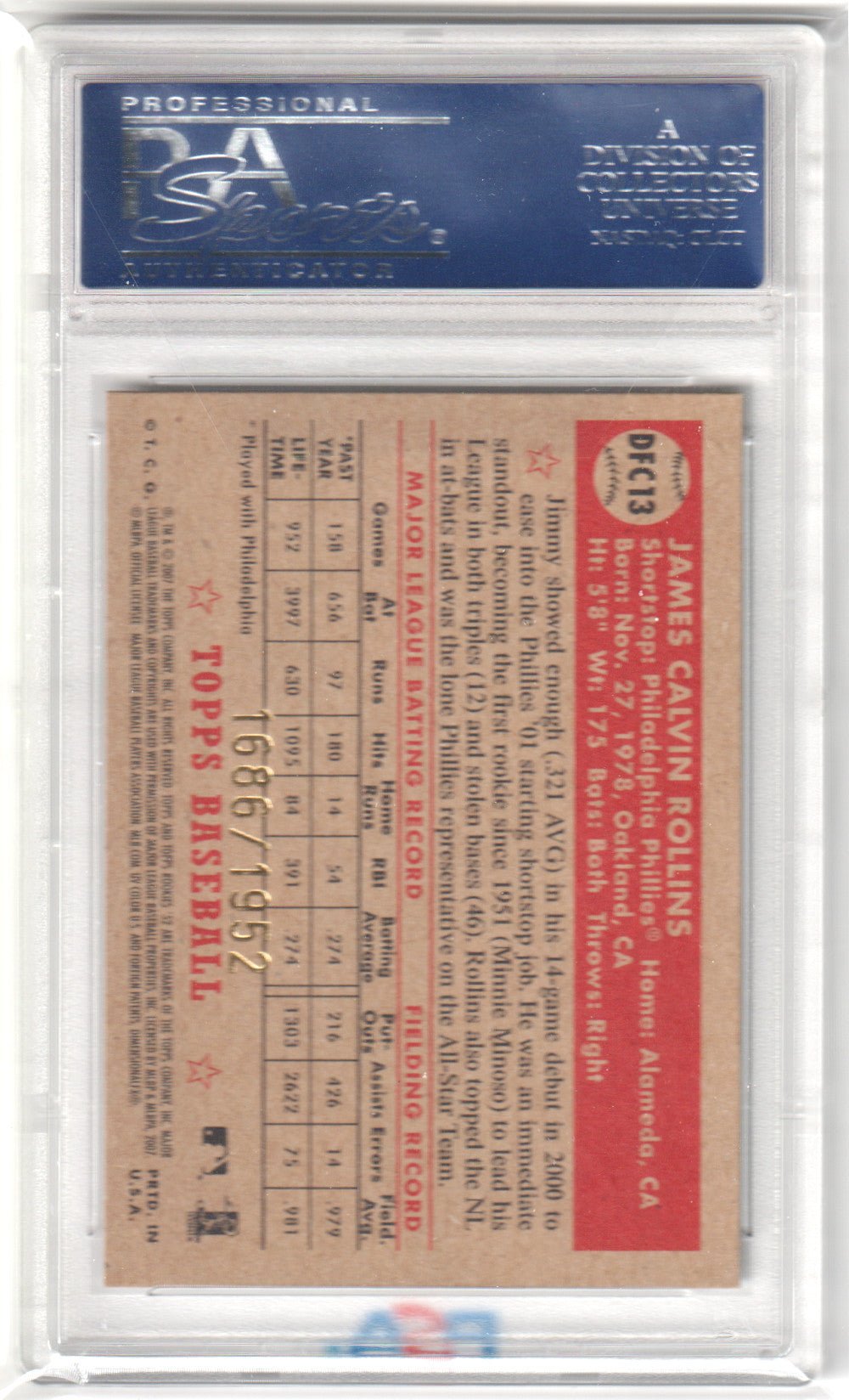 JIMMY ROLLINS 2007 Topps Chrome '52 Debut Flashback PSA 10 GEM MINT Pop 2 - Columbia Hobby - Sports Card Boxes - Toploaders - Card Savers