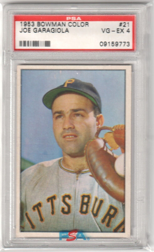 JOE GARAGIOLA 1953 Bowman Color #21 PSA 4 VG - EX - PIRATES - Columbia Hobby - Sports Card Boxes - Toploaders - Card Savers