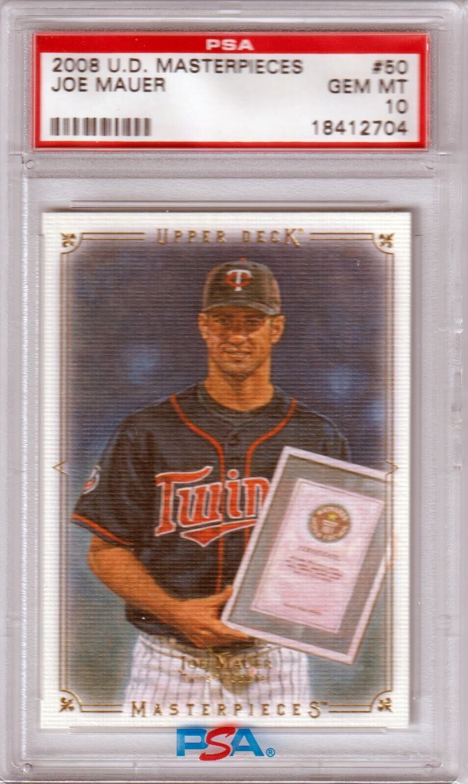 JOE MAUER 2008 Upper Deck Masterpieces #50 PSA 10 GEM MINT - TWINS - Columbia Hobby - Sports Card Boxes - Toploaders - Card Savers