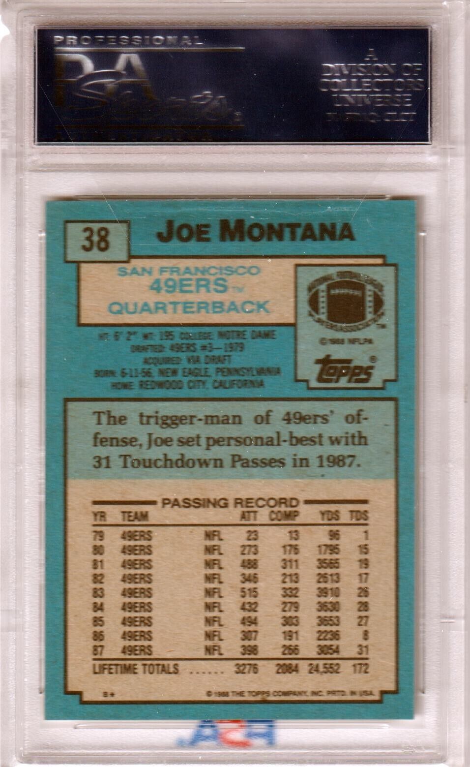 JOE MONTANA 1988 Topps #38 PSA 10 GEM MINT - 49ers - Columbia Hobby - Sports Card Boxes - Toploaders - Card Savers