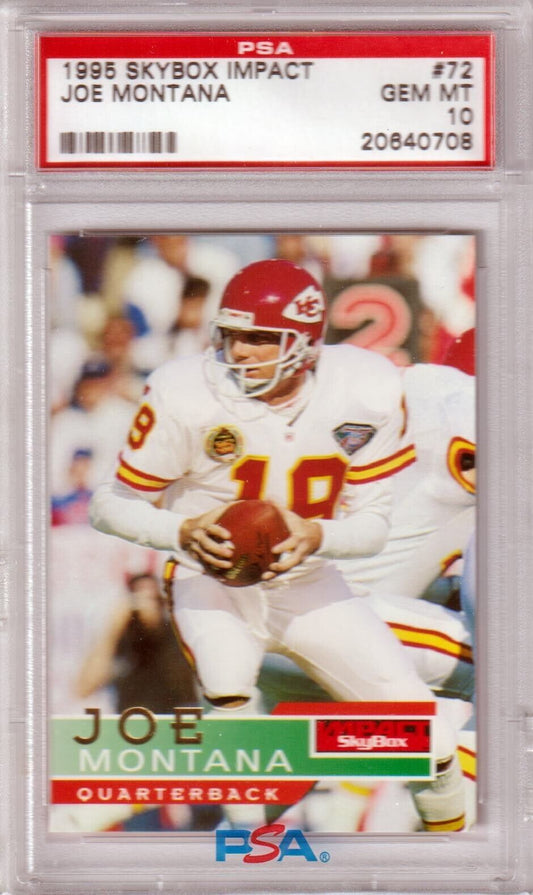 JOE MONTANA 1995 Skybox Impact #72 PSA 10 GEM MINT - CHIEFS - Columbia Hobby - Sports Card Boxes - Toploaders - Card Savers