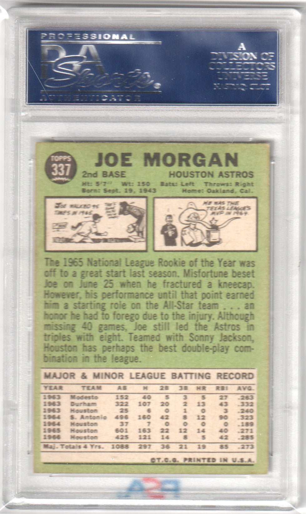 JOE MORGAN 1967 Topps #337 PSA 7 NM - ASTROS - Columbia Hobby - Sports Card Boxes - Toploaders - Card Savers
