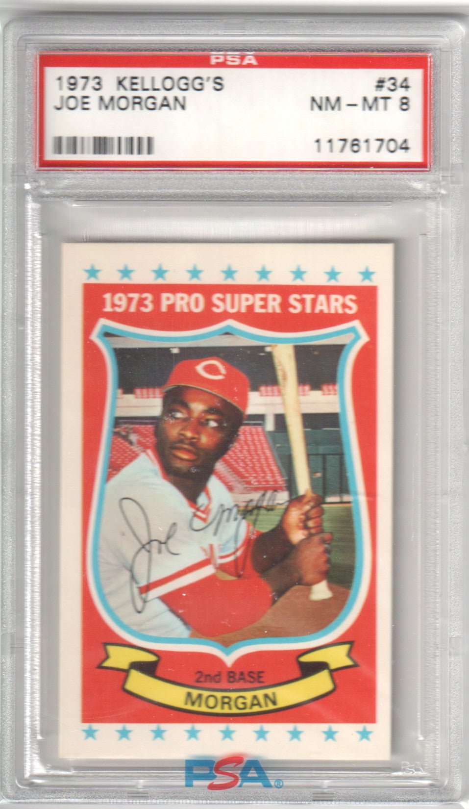 JOE MORGAN 1973 Kellogg's Pro Super Stars #34 PSA 8 NM - REDS - Columbia Hobby - Sports Card Boxes - Toploaders - Card Savers