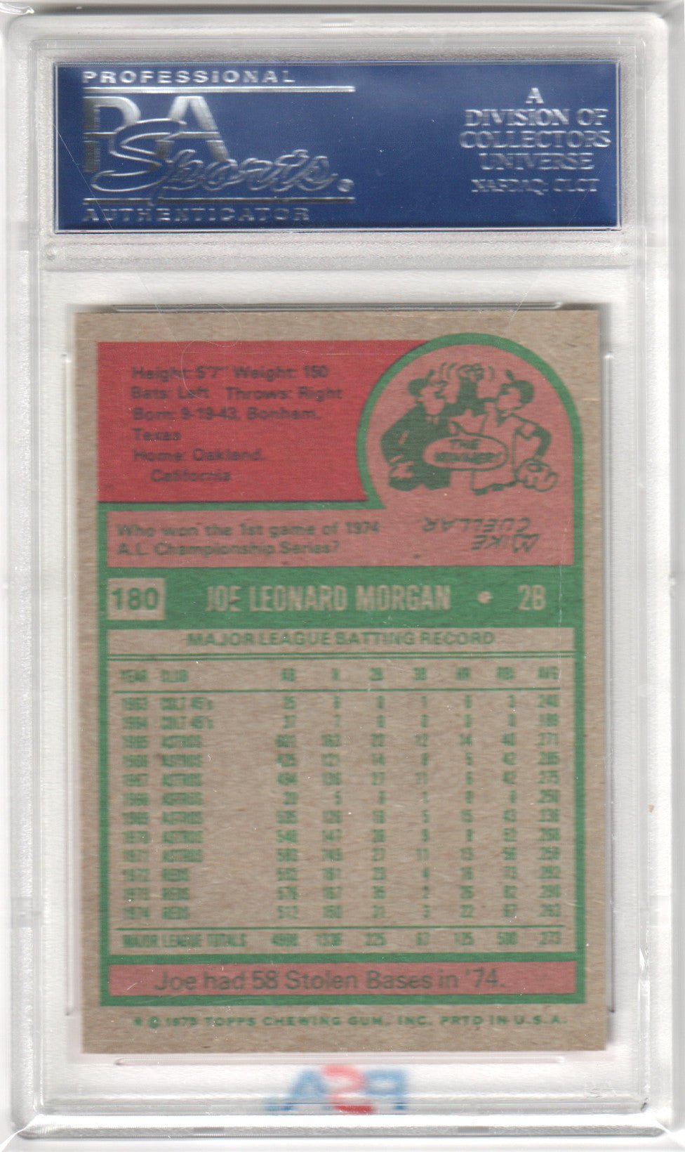JOE MORGAN 1975 Topps #180 PSA 8 NM - REDS - Columbia Hobby - Sports Card Boxes - Toploaders - Card Savers