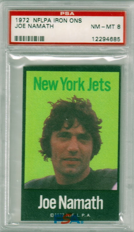 JOE NAMATH 1972 NFLPA IRON ONS PSA 8 NM - MT - JETS - Columbia Hobby - Sports Card Boxes - Toploaders - Card Savers