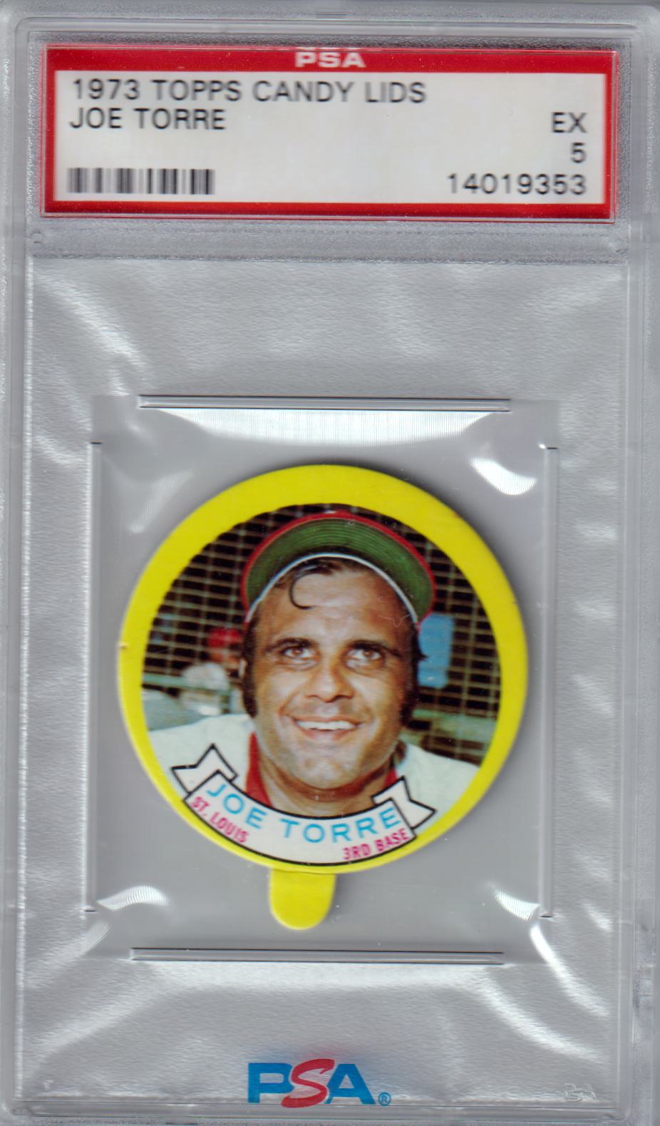JOE TORRE 1973 Topps Candy Lids PSA 5 EX - CARDINALS - Columbia Hobby - Sports Card Boxes - Toploaders - Card Savers