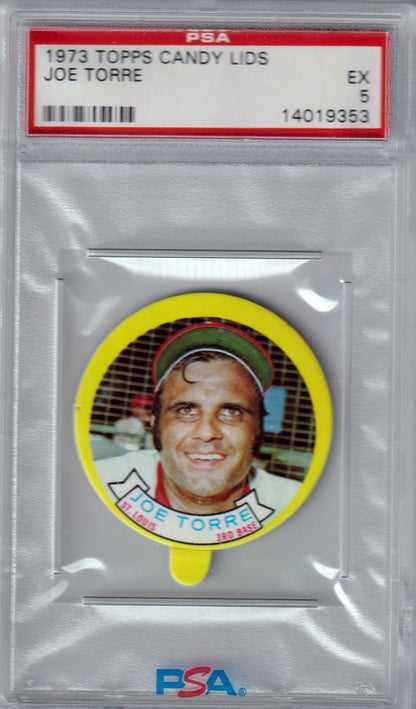 JOE TORRE 1973 Topps Candy Lids PSA 5 EX - CARDINALS - Columbia Hobby - Sports Card Boxes - Toploaders - Card Savers