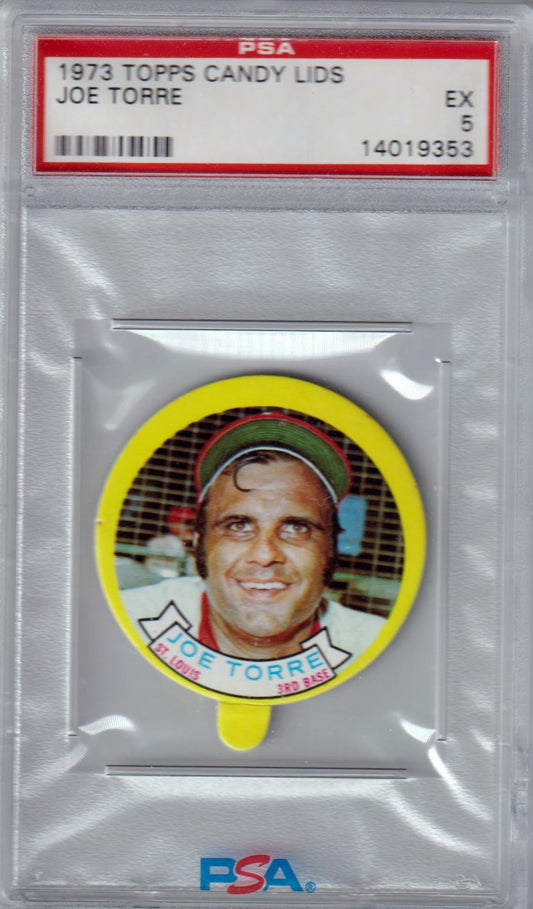 JOE TORRE 1973 Topps Candy Lids PSA 5 EX - CARDINALS - Columbia Hobby - Sports Card Boxes - Toploaders - Card Savers
