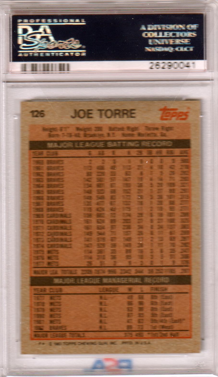 JOE TORRE 1983 Topps #126 PSA 9 MINT - BRAVES - Columbia Hobby - Sports Card Boxes - Toploaders - Card Savers