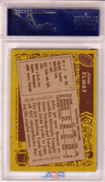 JOHN ELWAY 1986 Topps HOF #112 PSA 9 MINT - BRONCOS - Columbia Hobby - Sports Card Boxes - Toploaders - Card Savers