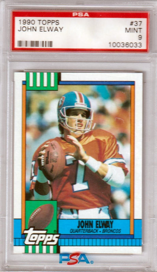 JOHN ELWAY 1990 Topps HOF #37 PSA 9 MINT - BRONCOS - Columbia Hobby - Sports Card Boxes - Toploaders - Card Savers