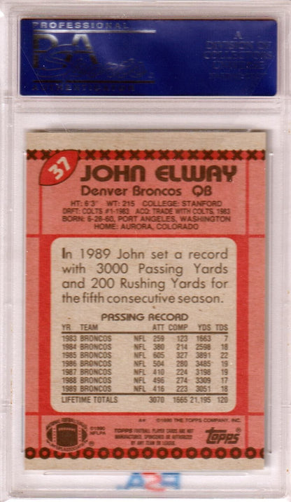 JOHN ELWAY 1990 Topps HOF #37 PSA 9 MINT - BRONCOS - Columbia Hobby - Sports Card Boxes - Toploaders - Card Savers