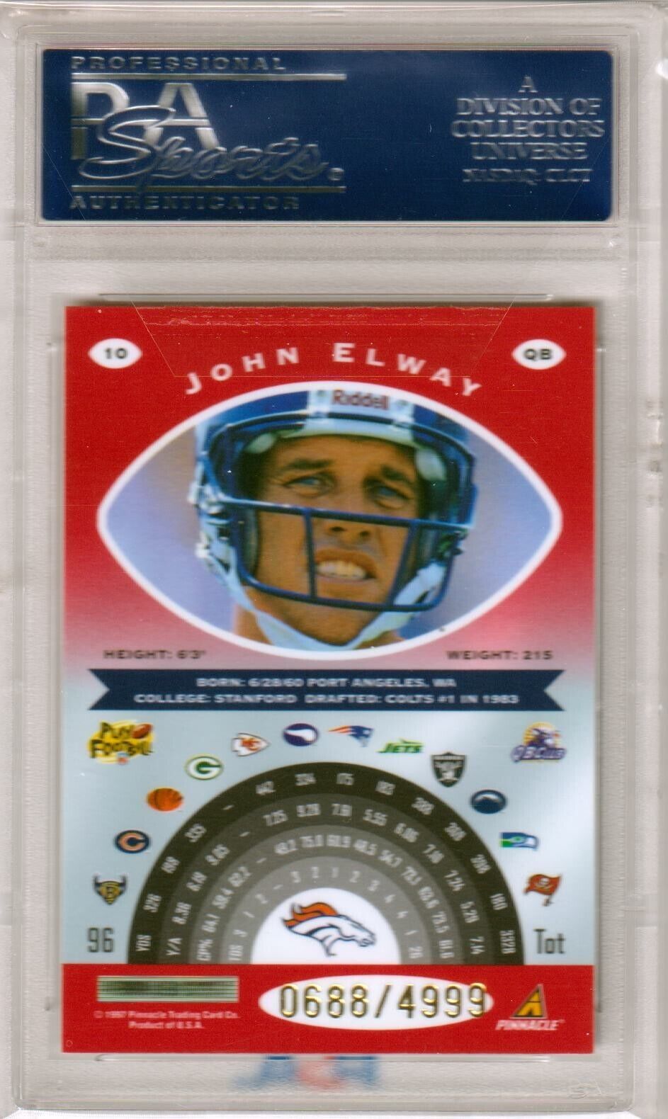 JOHN ELWAY 1997 Totally Certified Platinum Red #/4999 PSA 10 GEM MINT - BRONCOS - Columbia Hobby - Sports Card Boxes - Toploaders - Card Savers