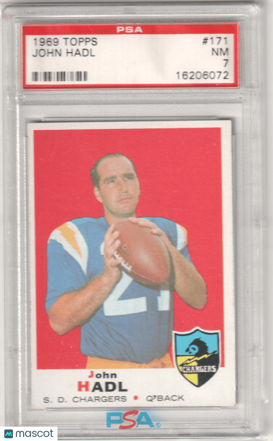 JOHN HADL 1969 Topps 171 PSA 7 NM - CHARGERS - Columbia Hobby - Sports Card Boxes - Toploaders - Card Savers