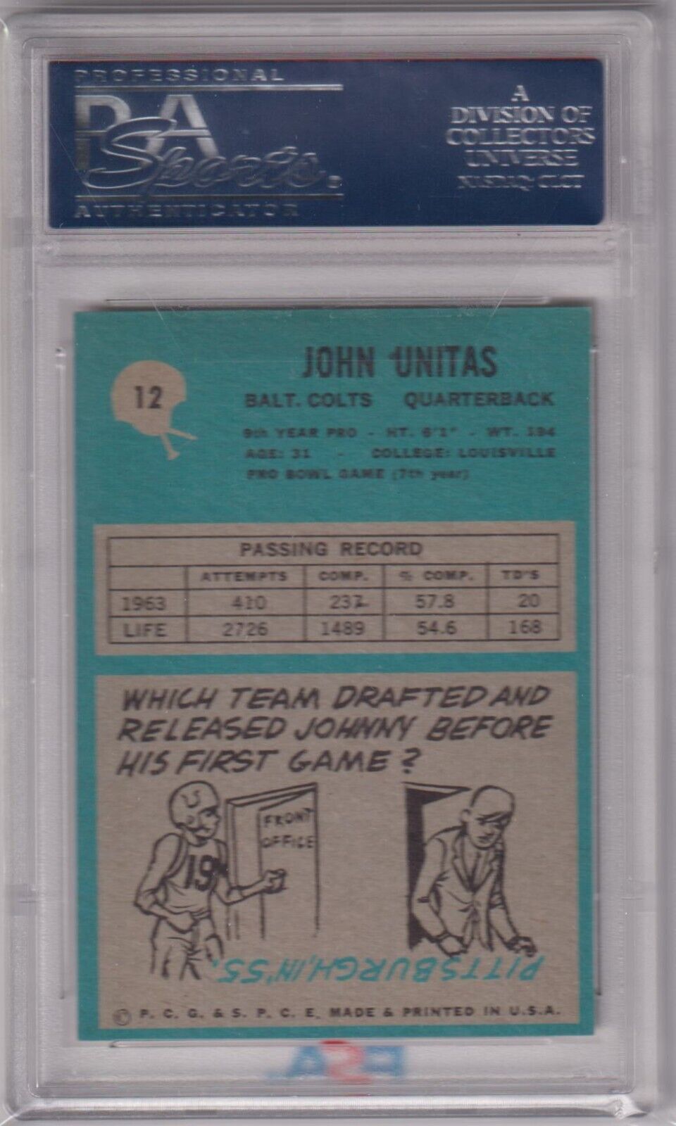 JOHN JOHNNY UNITAS 1964 Philadelphia #12 PSA 7 NM - COLTS - Columbia Hobby - Sports Card Boxes - Toploaders - Card Savers