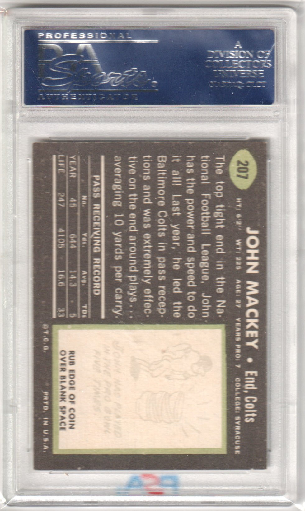 JOHN MACKEY 1969 Topps 207 PSA 7 NM - COLTS - Columbia Hobby - Sports Card Boxes - Toploaders - Card Savers