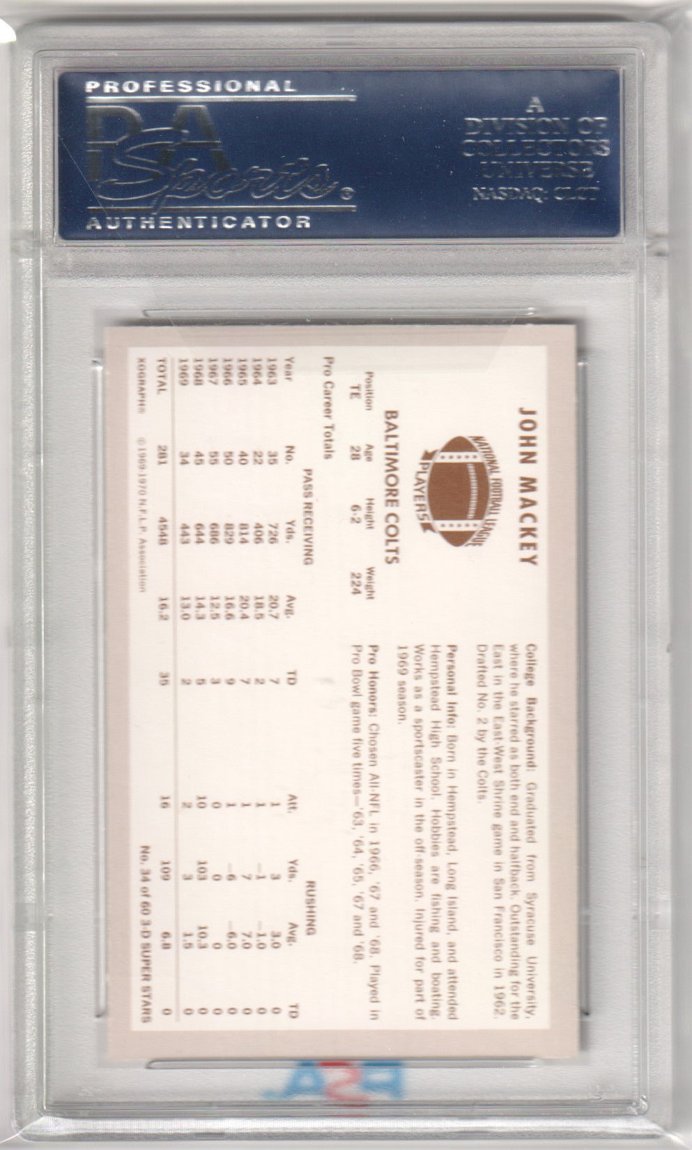 JOHN MACKEY 1970 Kelloggs 3D SUPER STARS 34 PSA 9 MINT - COLTS - Columbia Hobby - Sports Card Boxes - Toploaders - Card Savers