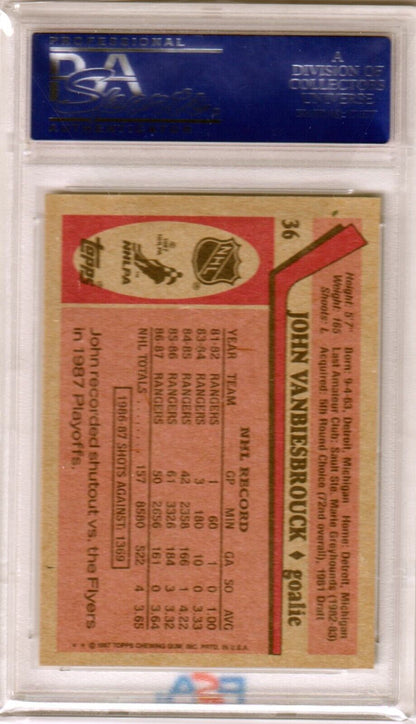 JOHN VANBIESBROUCK 1987 Topps RC Rookie #36 PSA 10 GEM MINT - RANGERS - Columbia Hobby - Sports Card Boxes - Toploaders - Card Savers