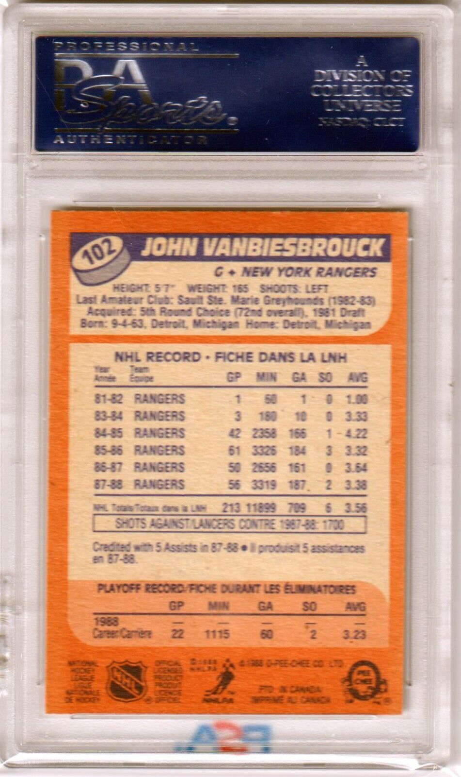 JOHN VANBIESBROUCK 1988 O - PEE - CHEE #102 PSA 9 MINT - RANGERS - Columbia Hobby - Sports Card Boxes - Toploaders - Card Savers