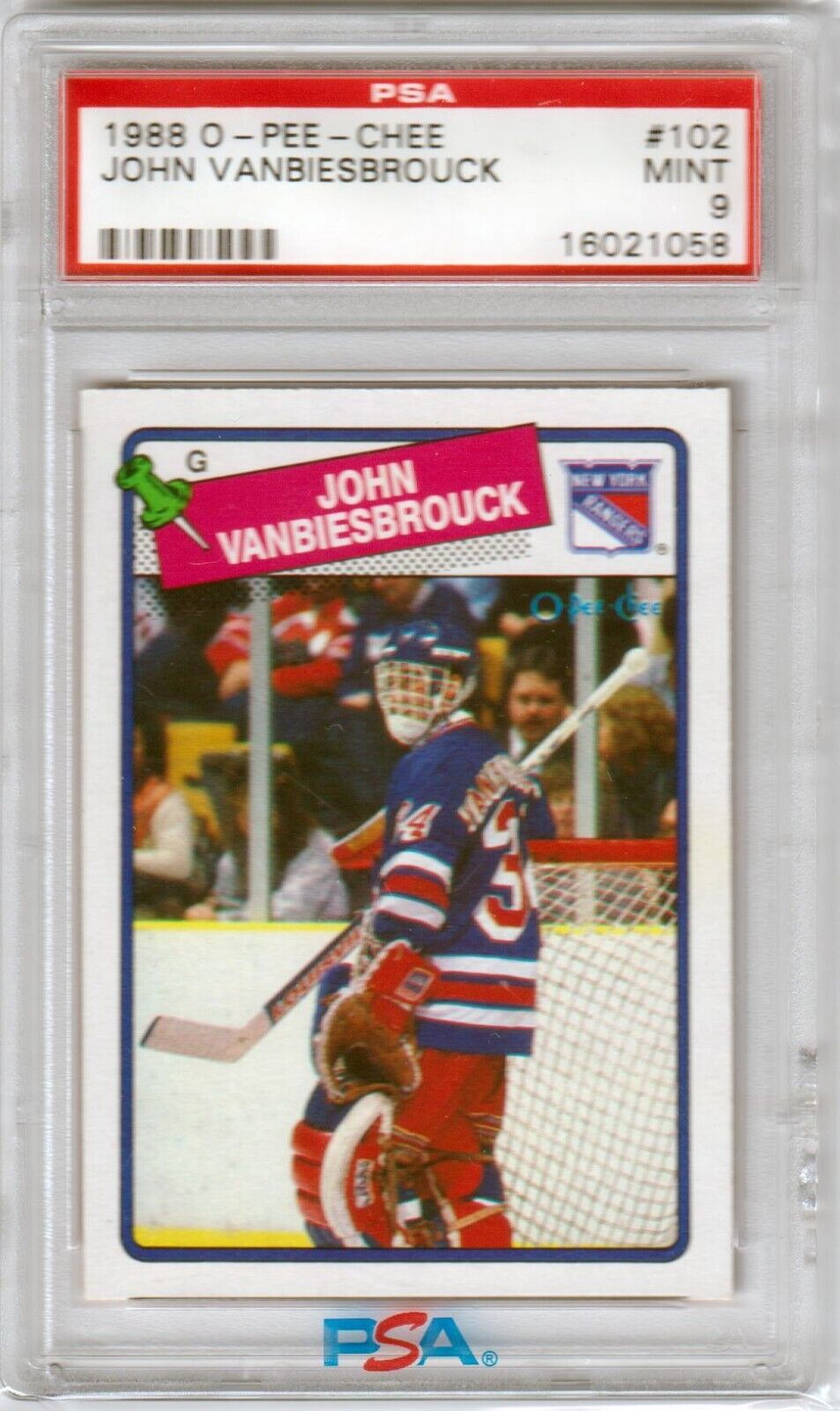 JOHN VANBIESBROUCK 1988 O - PEE - CHEE #102 PSA 9 MINT - RANGERS - Columbia Hobby - Sports Card Boxes - Toploaders - Card Savers