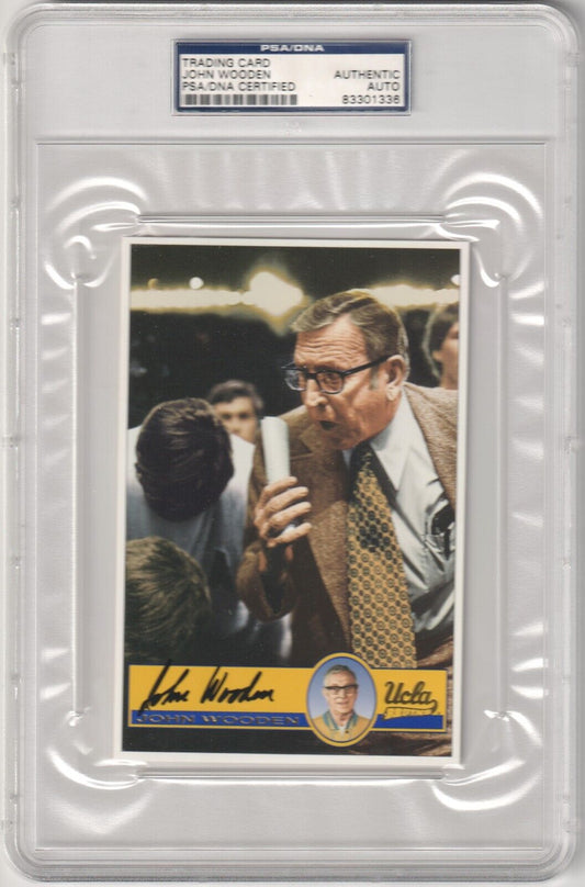 JOHN WOODEN Autograph Auto UCLA Postcard PSA / DNA Certified Authentic - Columbia Hobby - Sports Card Boxes - Toploaders - Card Savers