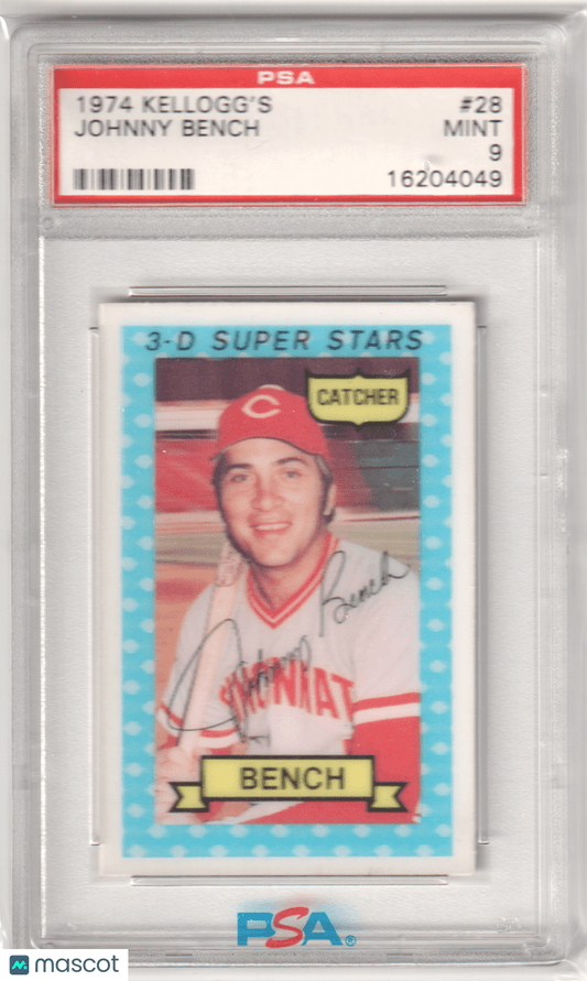 JOHNNY BENCH 1974 Kelloggs 3D Super Stars #28 PSA 9 MINT - REDS - Columbia Hobby - Sports Card Boxes - Toploaders - Card Savers