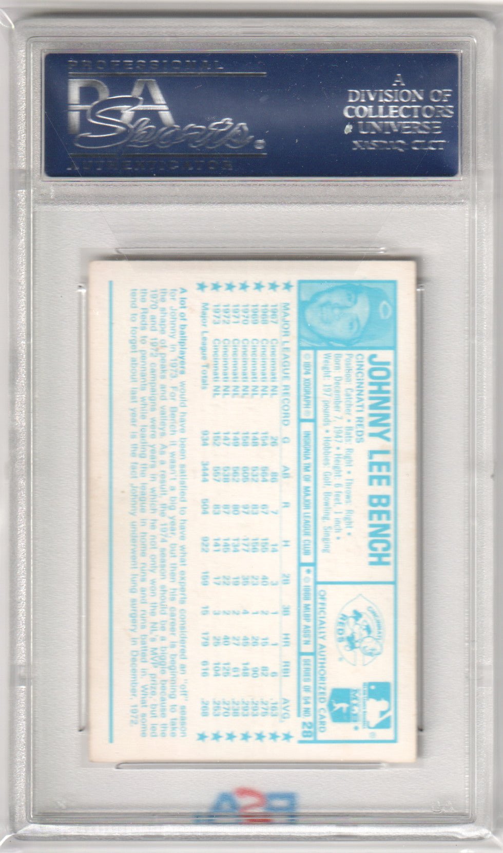 JOHNNY BENCH 1974 Kelloggs 3D Super Stars #28 PSA 9 MINT - REDS - Columbia Hobby - Sports Card Boxes - Toploaders - Card Savers