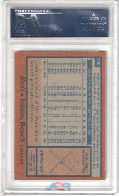 JOHNNY BENCH 1978 Topps #700 PSA 9 MINT - REDS - Columbia Hobby - Sports Card Boxes - Toploaders - Card Savers